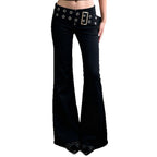 Damen Flared Jeans mit verstellbarem Gürtel und modischem Lochdesign R&B