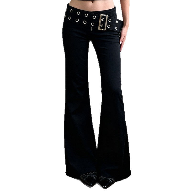 Damen Flared Jeans mit verstellbarem Gürtel und modischem Lochdesign R&B