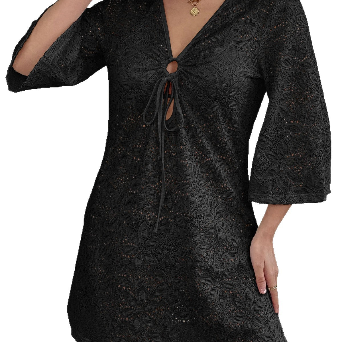 Damen Häkel-Strandkleid mit tiefem V-Ausschnitt R&B