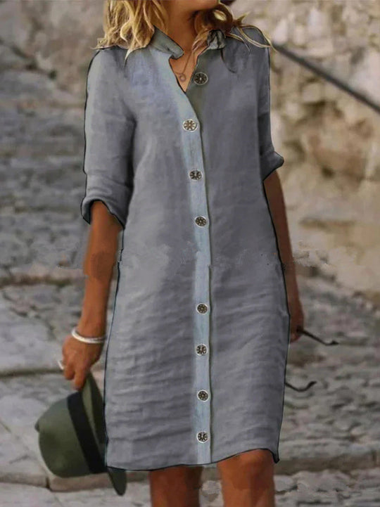 Damen Leinenhemdkleid mit Knopfleiste und umschlagbaren Ärmeln R&B