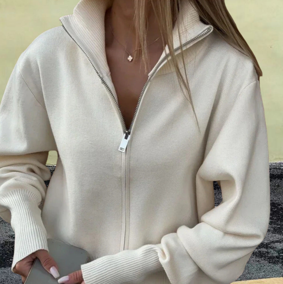 Damen Sportlicher Strickpullover mit hohem Kragen und Reißverschluss R&B