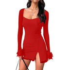 Damen Minikleid mit transparenten Ärmeln und seitlichem Schlitz R&B