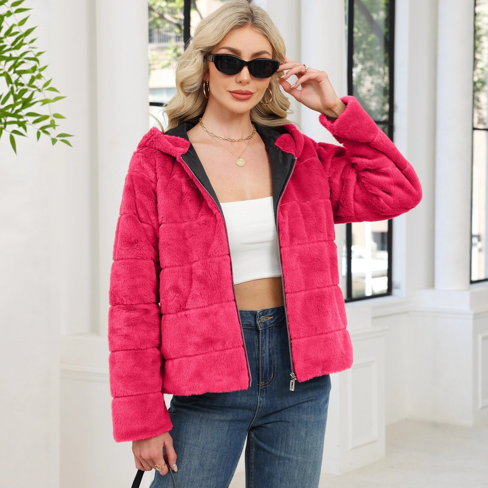 Damen Kuschelige Oversized-Fleecejacke mit Reißverschluss und Kapuze R&B