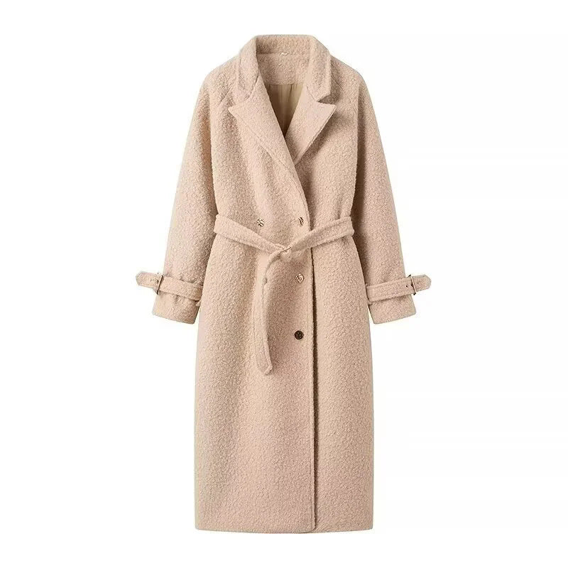 Damen eleganter und kuscheliger Wollmantel mit Gürtel und aufgesetzten Taschen R&B