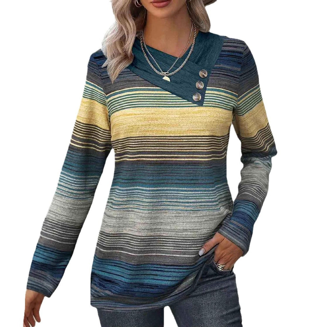 Damen elegantes Langarmshirt mit modernem Streifenmuster und Knopfdetails R&B