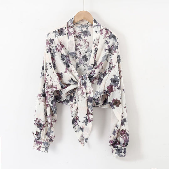 Damen nan florale Knoten-Bluse im Wickelstil mit Ballonärmeln und leichter Leinenoptik R&B