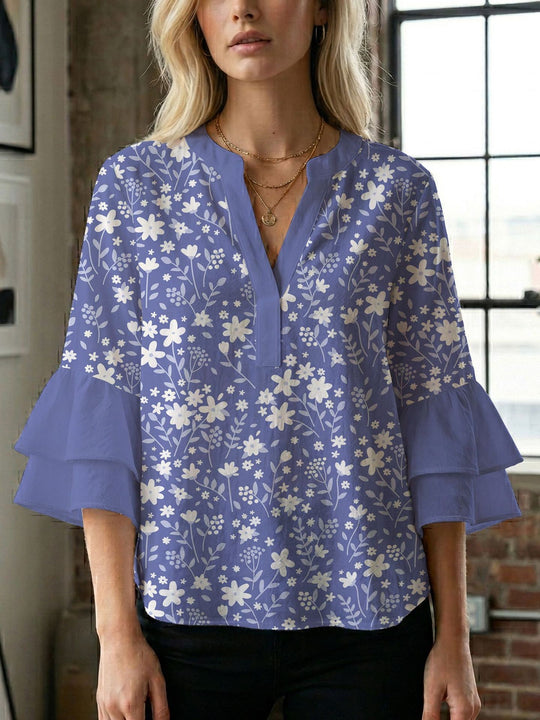 Damen Blusenshirt mit voluminösen Ärmeln und kreativem Druckdesign R&B