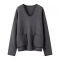 Damen lässiger Strickpullover mit V-Ausschnitt und praktischen Taschen R&B