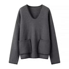 Damen lässiger Strickpullover mit V-Ausschnitt und praktischen Taschen R&B