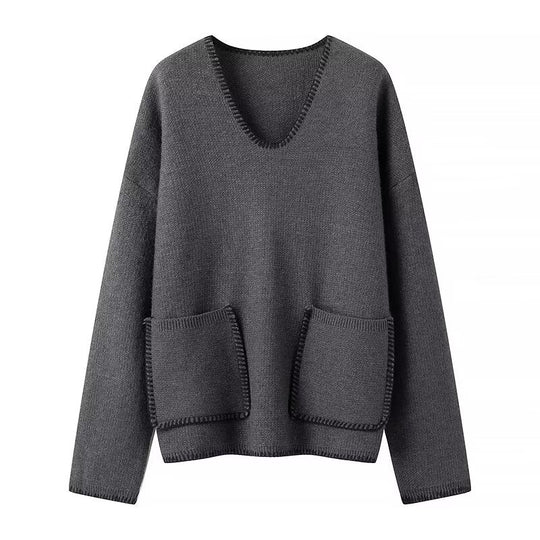 Damen lässiger Strickpullover mit V-Ausschnitt und praktischen Taschen R&B