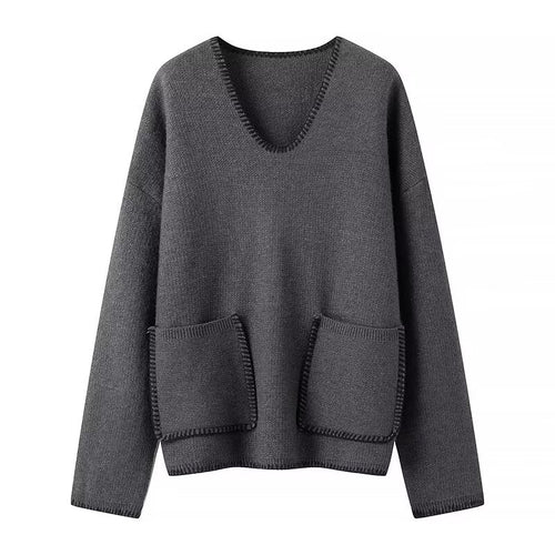 Damen lässiger Strickpullover mit V-Ausschnitt und praktischen Taschen R&B