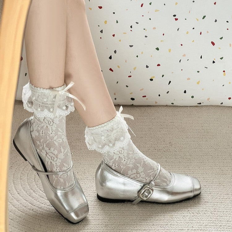 Damen Retro Ballerinas mit eleganten Schnallen und schimmerndem Obermaterial R&B