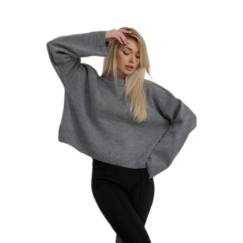 Damen cropped Strickpullover mit voluminösen Ärmeln und Rundhalsausschnitt R&B