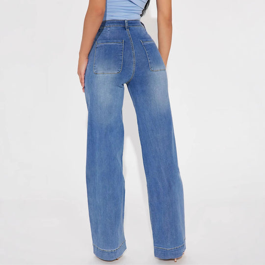 Damen Weite Denim-Hose mit hoch geschnittenem Bund und lässigem Schnitt R&B