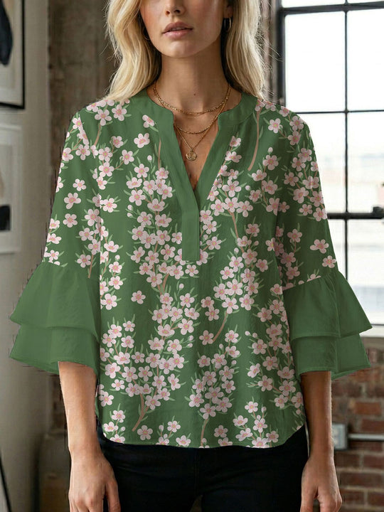 Damen Blusenshirt mit voluminösen Ärmeln und kreativem Druckdesign R&B