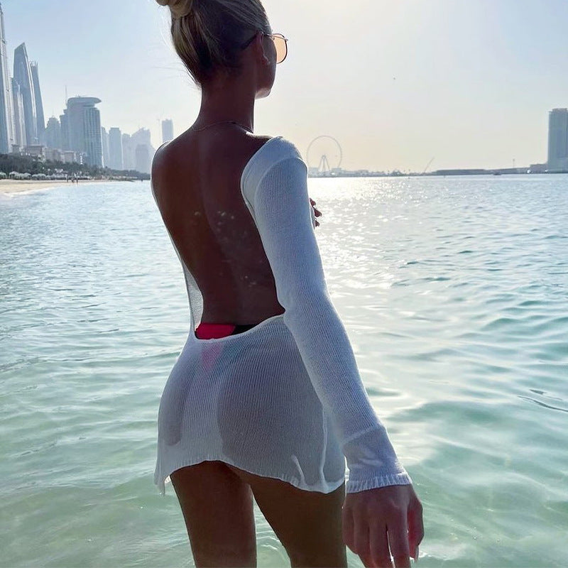 Damen luftiges Strick-Strandkleid mit transparentem Design und langen Ärmeln R&B
