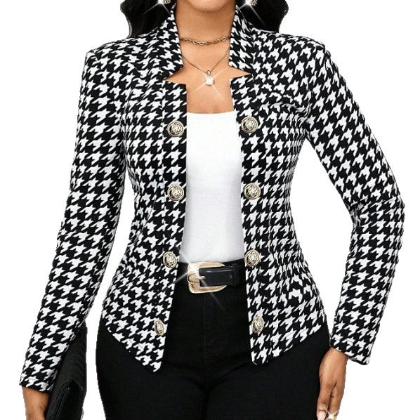 Damen Elegante Blazerjacke im Hahnentritt-Muster mit glänzenden Knöpfen R&B