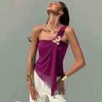 Damen nan asymmetrisches Einschulter-Chiffon-Oberteil mit Drapierung und Zierbrosche R&B