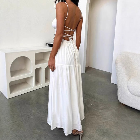 Damen Maxikleid mit verspielt geschnürtem Oberteil und fließendem Rock R&B