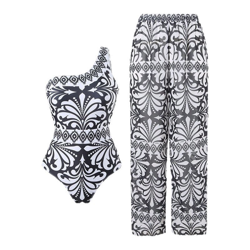 Damen einteiliger Badeanzug mit farbenfrohem Druck und passender Palazzo-Hose R&B