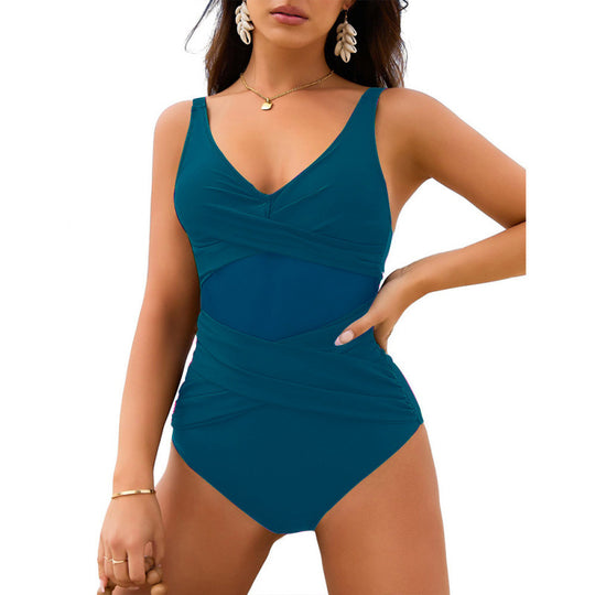 Damen Einteiler Badeanzug mit stylischem Wickel-Design und figurformenden Einsätzen R&B