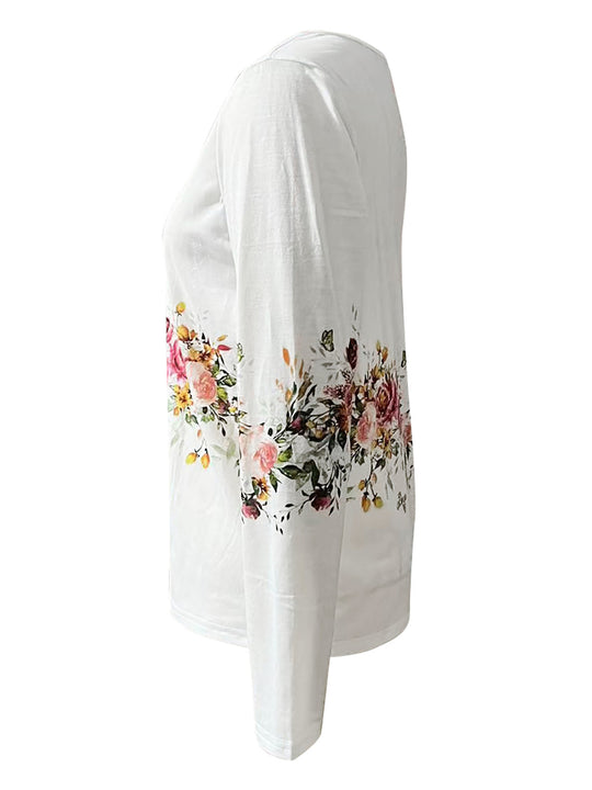 Damen Langarmshirt mit floralem Design und Knopfleiste R&B