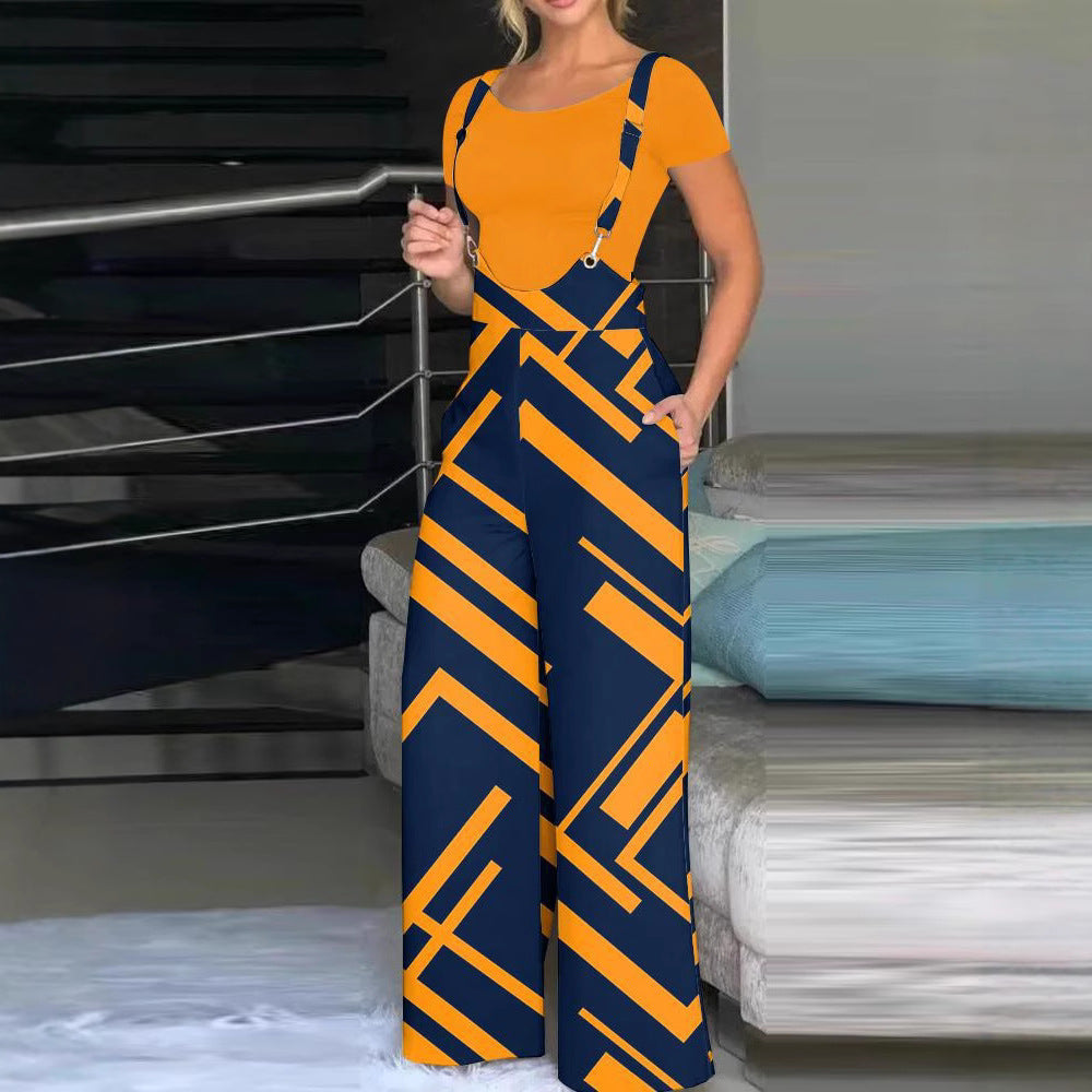 Damen modische Latzhose mit weitem Bein und buntem Grafikdesign R&B