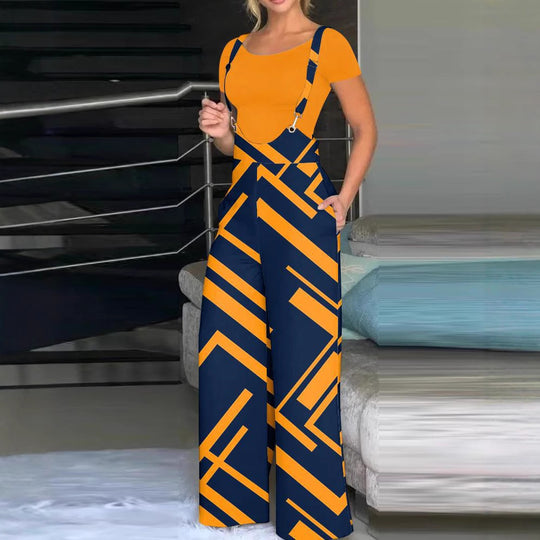 Damen modische Latzhose mit weitem Bein und buntem Grafikdesign R&B