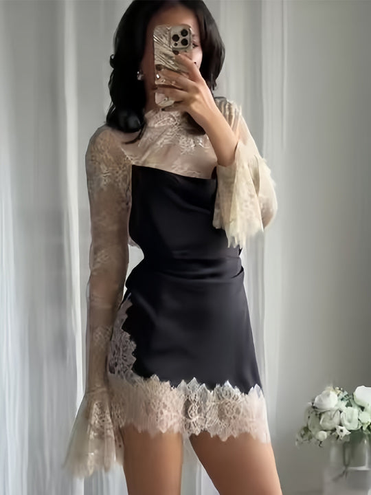 Damen Chiffon Abendkleid mit eleganten Spitzendetails und schwingenden Ärmeln R&B
