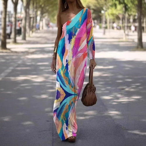 Damen Maxikleid mit asymmetrischem Schnitt und lebhaftem Farbdesign R&B