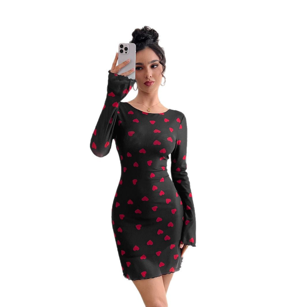 Damen Minikleid mit romantischem Herzmuster und langen Ärmeln R&B