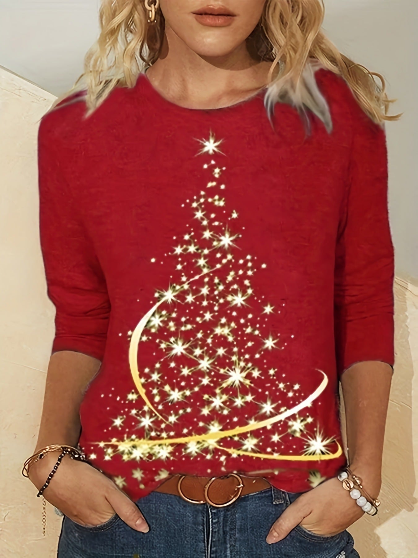 Damen lässiges Langarmshirt mit festlichem Weihnachtsbaumdesign