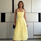 Damen Elegantes Midikleid mit tiefem V-Ausschnitt und stilvollem Faltenrock R&B