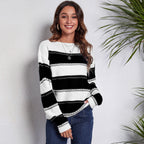 Damen Freizeit Pullover mit modernem Lochmuster und Streifen-Design R&B