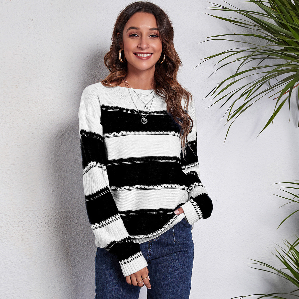 Damen Freizeit Pullover mit modernem Lochmuster und Streifen-Design R&B