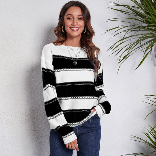 Damen Freizeit Pullover mit modernem Lochmuster und Streifen-Design R&B