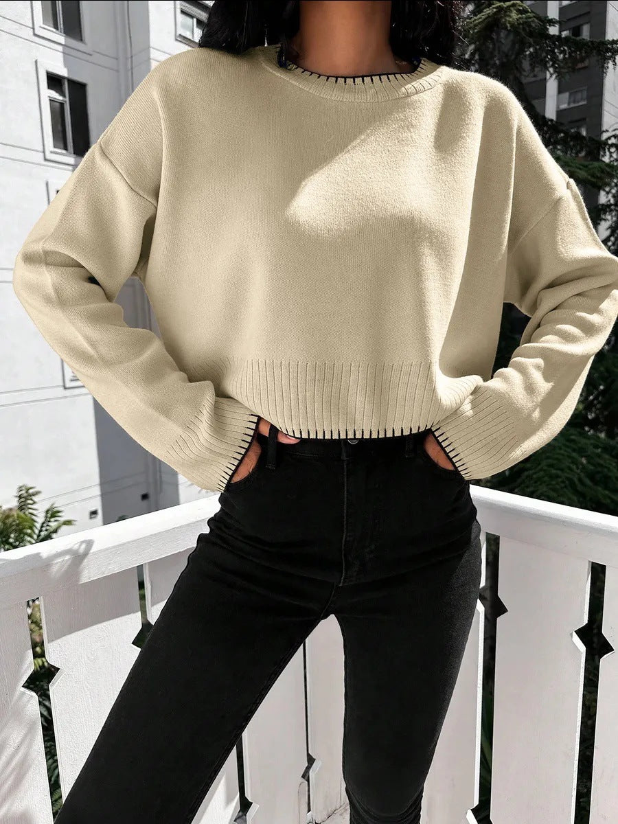 Damen lässiger Cropped Pullover mit feiner Rippstruktur und elastischem Bund R&B
