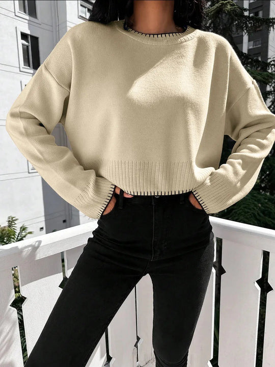 Damen lässiger Cropped Pullover mit feiner Rippstruktur und elastischem Bund R&B