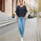 Damen Elegante Bluse mit Rüschendetails und tiefem V-Ausschnitt R&B
