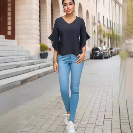 Damen Elegante Bluse mit Rüschendetails und tiefem V-Ausschnitt R&B