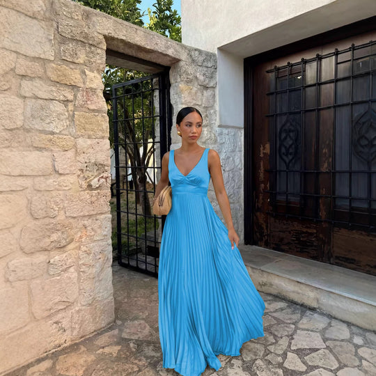 Damen Plisseekleid mit tiefem V-Ausschnitt und eleganter Silhouette R&B