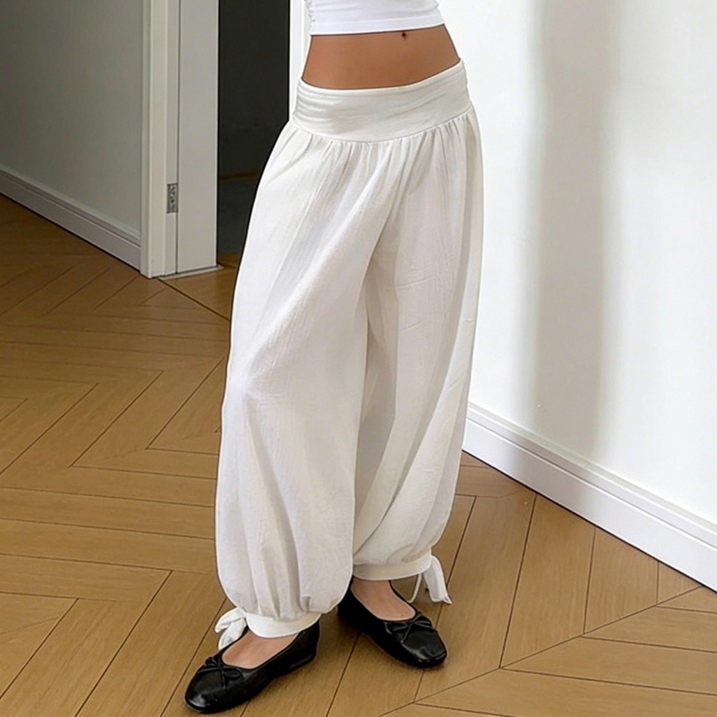 Damen weite Baumwollhose mit elastischem Bund und verstellbaren BindR&Bändern R&B