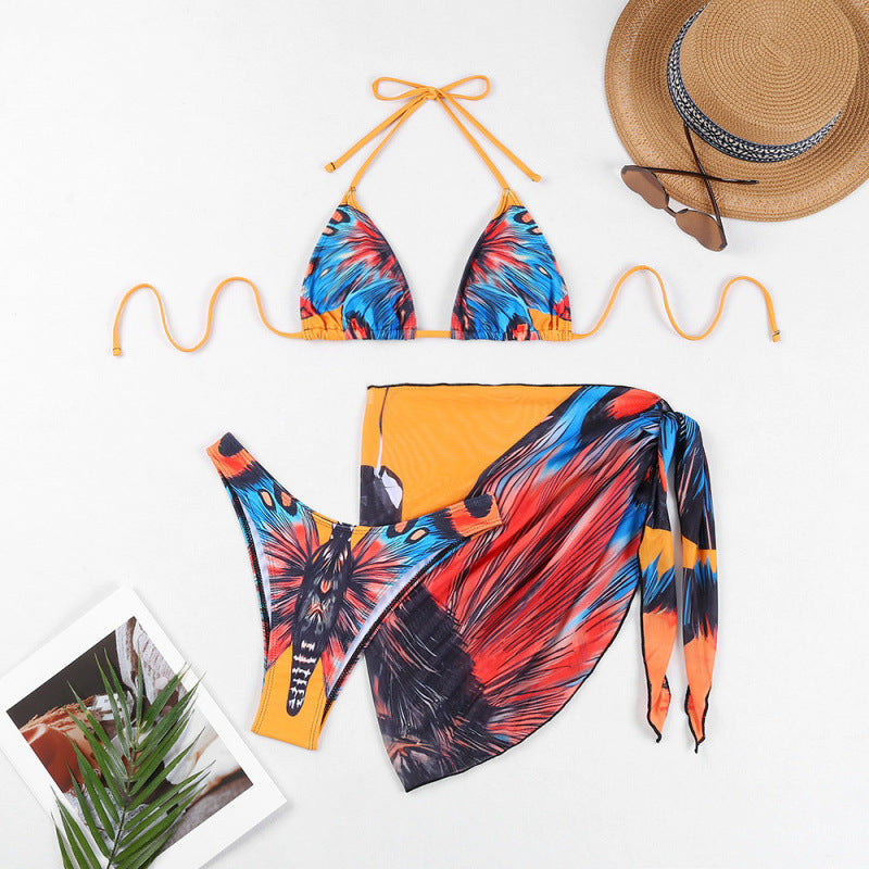 Damen Triangel-Bikini mit verspieltem Wickeldetail und buntem Tropenmotiv R&B