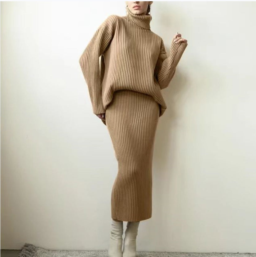 Damen Strickset mit hohem Kragen und weichem Rippdesign R&B