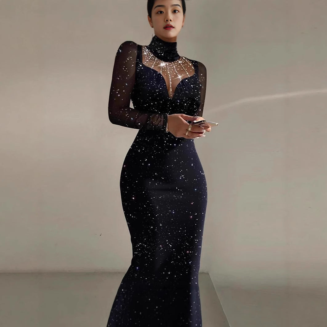 Damen Elegantes Abendkleid mit transparenten Ärmeln und schimmerndem Sternenmuster R&B