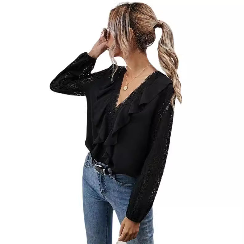 Damen Rüschenbluse mit transparenten Ärmeln und feinen Spitzenakzenten R&B
