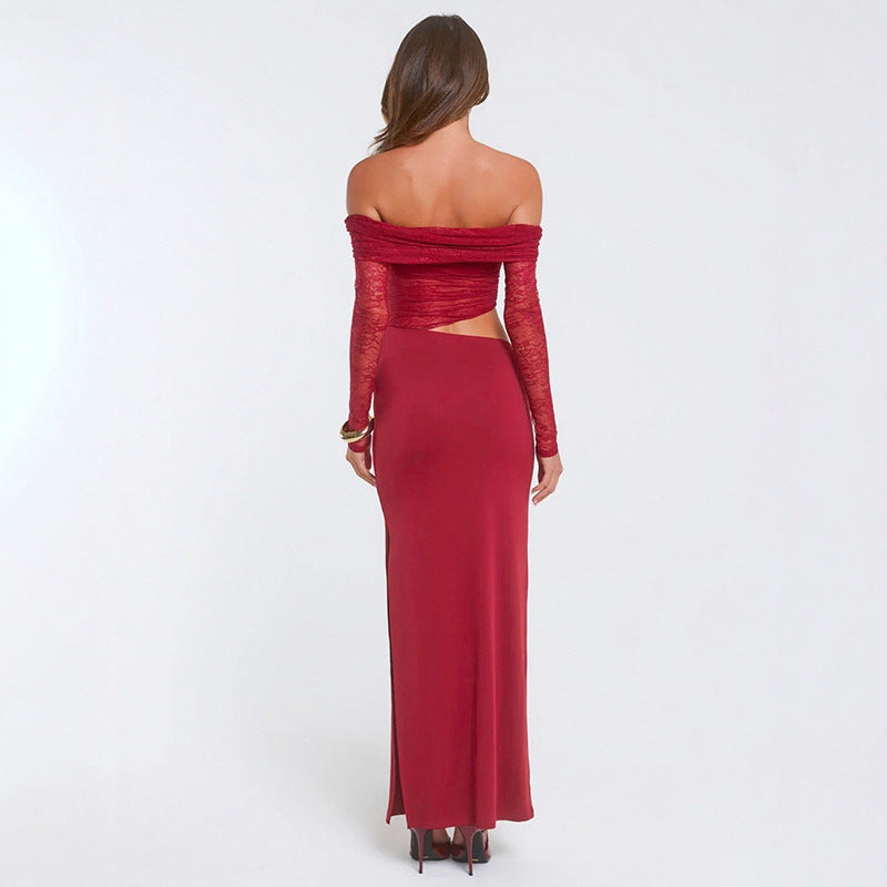 Damen elegantes Off-Shoulder-Maxikleid mit asymmetrischem Schnitt und transparenter Spitze R&B