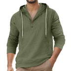 Herren nan Leinenoptik Henley-Kapuzenpullover mit Knopfleiste und Kängurutasche R&B