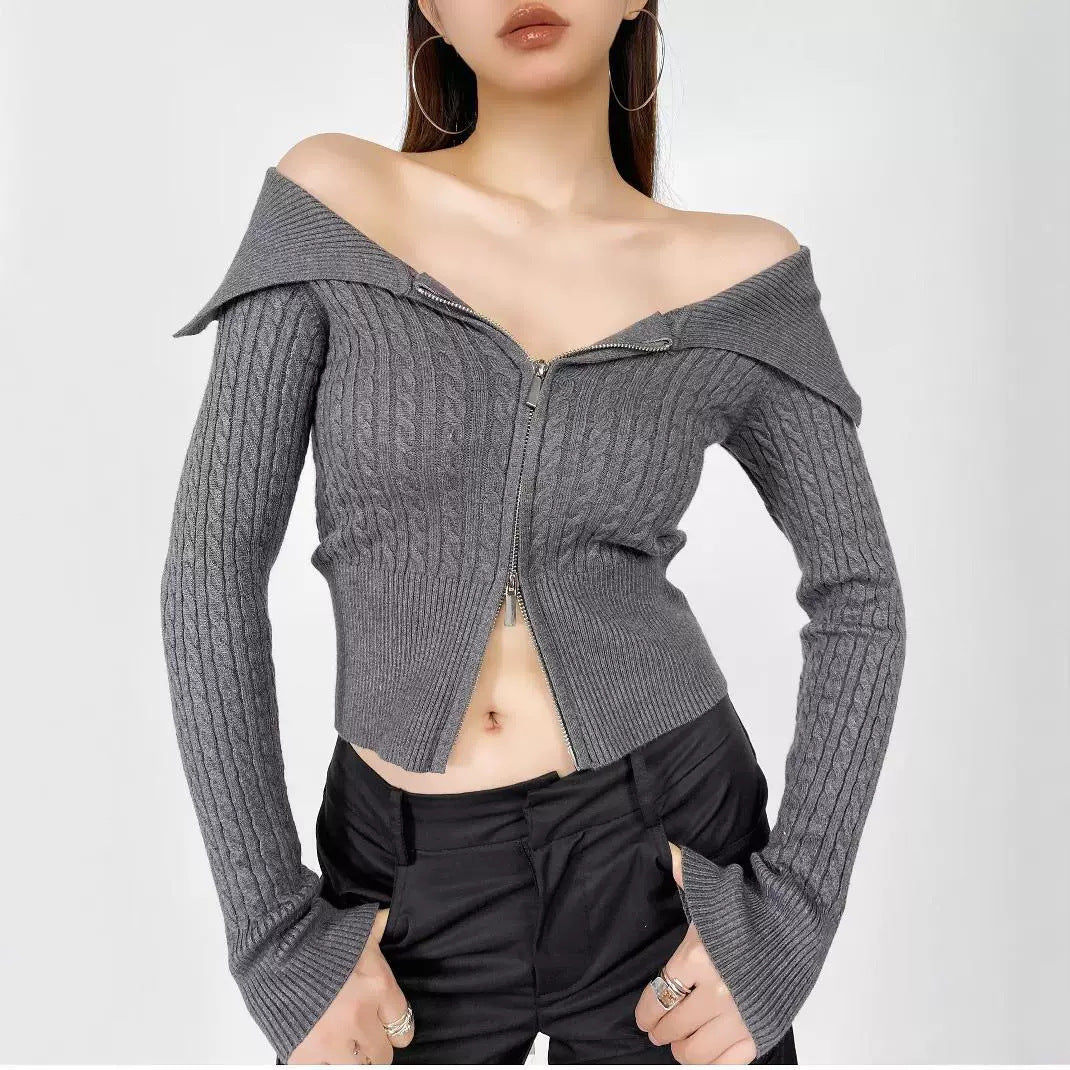 Damen modische Strickjacke mit weitem Kragen und Reißverschluss R&B