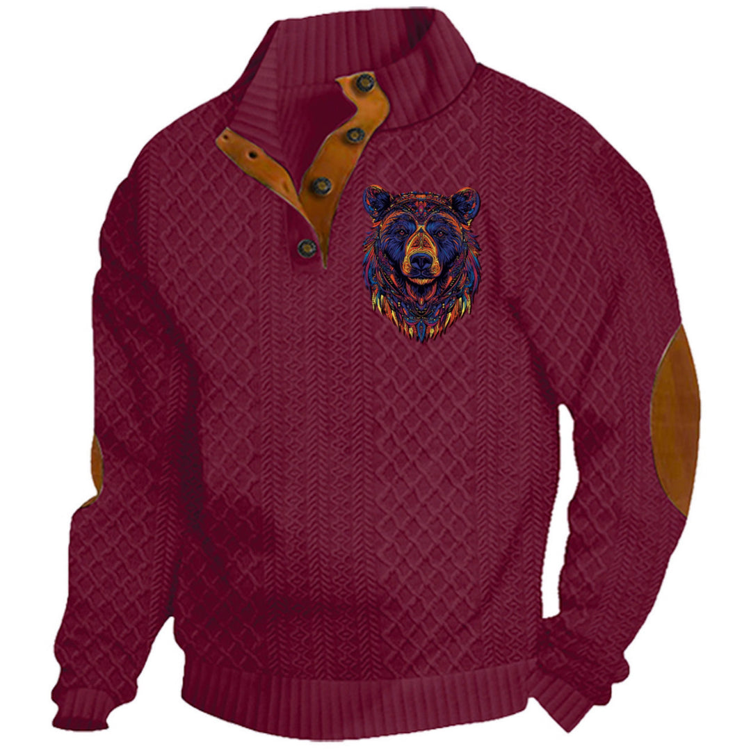 Herren nan Heritage-Strukturpullover mit Stehkragen Lederimitat-Besatz Ellenbogen-Patches und Halbknopfleiste R&B